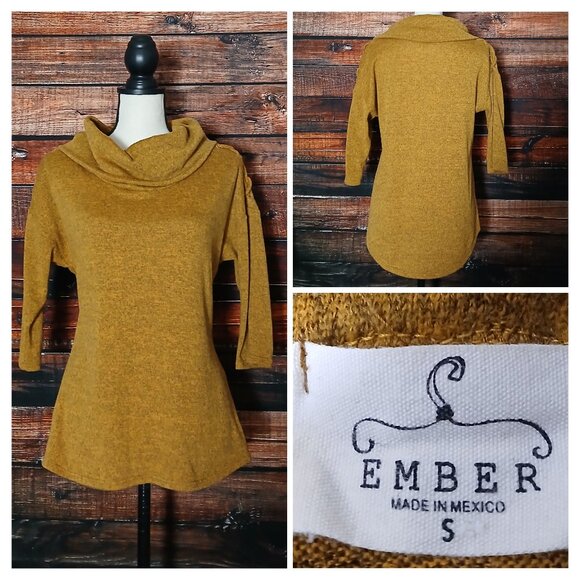 Ember Sweater S Cowl Turtleneck Mustard Gold Laced Shoulder Half Sleeve Soft - Picture 1 of 10